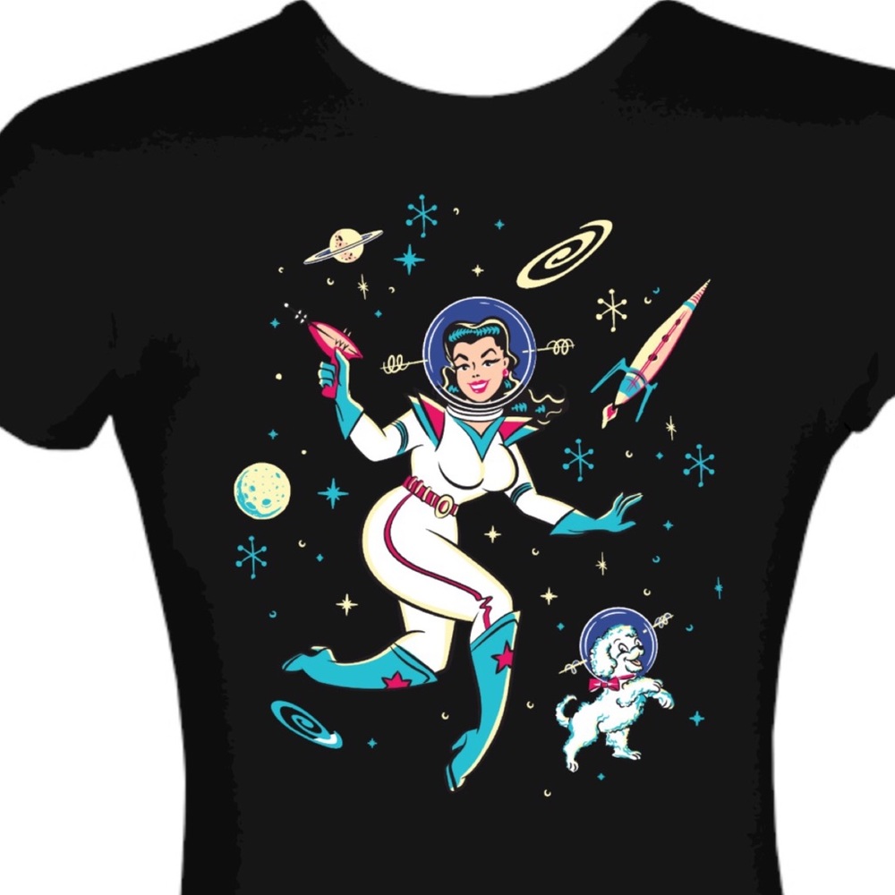 VINTAGE STYLE SPACE ASTRONAUT GIRL ATOMIC BLACK T-SHIRT MID-CENTURY PINUP